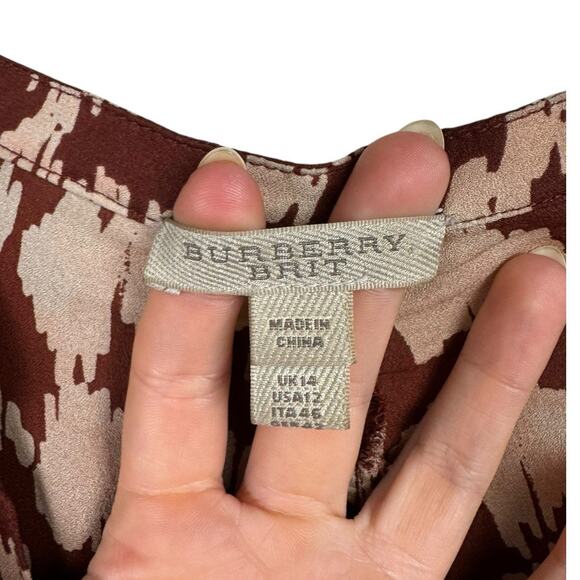 Burberry Brit 12 100% Silk Brown Tan Houndstooth 3/4 Sleeve Button Mini Dress - Picture 11 of 13